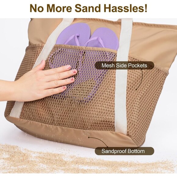 Women's Khaki Vacation Waterproof Sandproof With Zipper Mesh Pockets Beach Bag - Picture 4 of 8